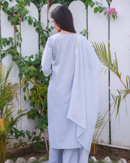 Blue Cotton Flex Suit Set With Embroidery