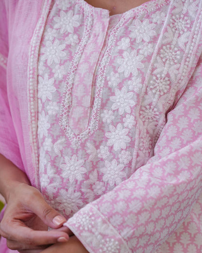 Pink Handblock Print Embroidered Suit Set