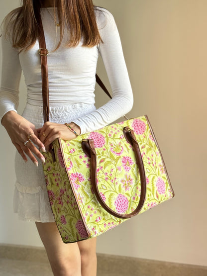 Lime Green and Pink Willow Handblock Printed Tote Bag