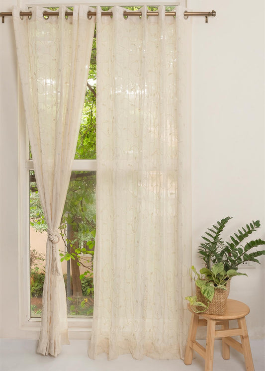 Light Filtering - Ivy Vines Embroidered Cream Cotton Sheer Curtain