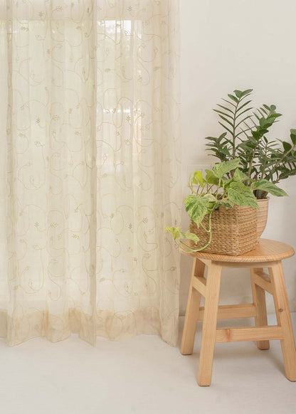 Light Filtering - Ivy Vines Embroidered Cream Cotton Sheer Curtain