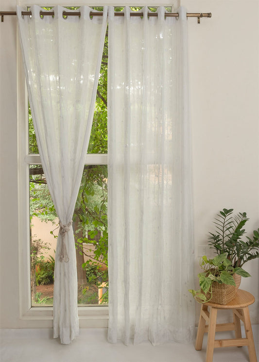 Light Filtering - Ivy Vines Embroidered White Cotton Sheer Curtain