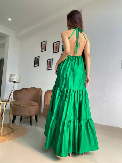 Green Satin Halter Neck Dress