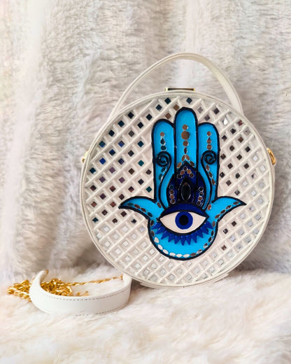 White Hamsa Lippan Art Handcrafted Circle Box Bag