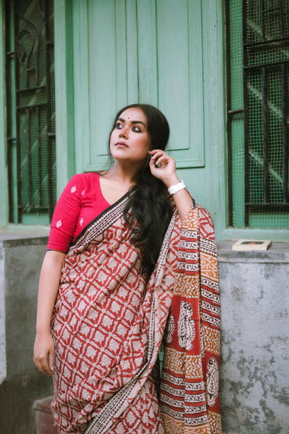 Brick Red Bagru Saree Handblock Print Natural Dyed Mulmul Cotton Saree