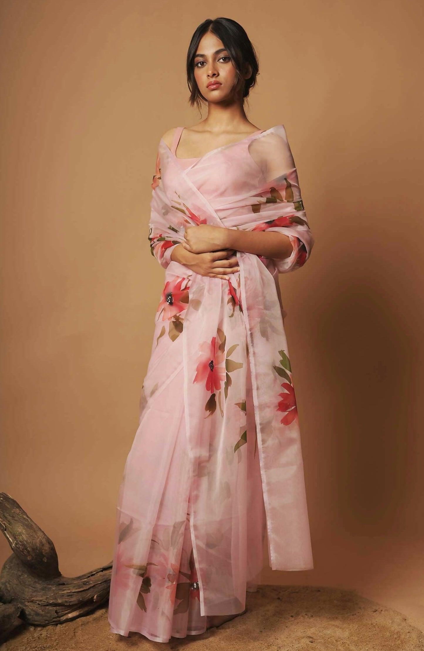 Crimson Bloom | Blush Pink Floral Handpainted Organza Saree