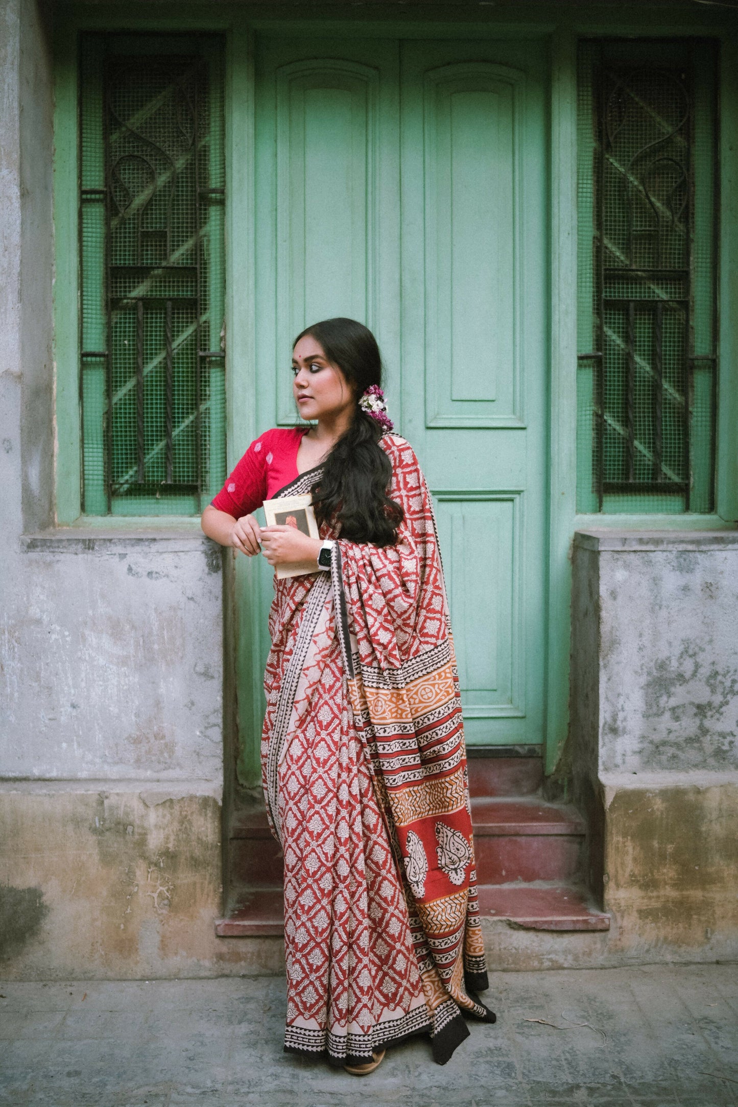 Brick Red Bagru Saree Handblock Print Natural Dyed Mulmul Cotton Saree