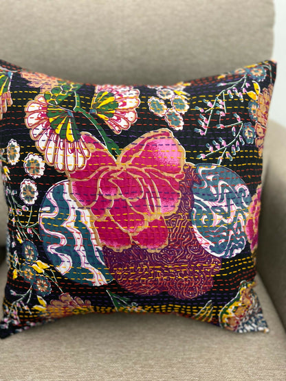 Kantha Cushion Cover Black Pink Flowers (Set of 2)