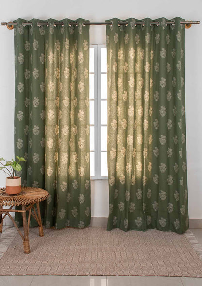 Room Darkening - Malabar Printed Green Cotton Ethnic Curtain