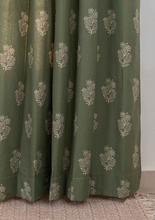 Room Darkening - Malabar Printed Green Cotton Ethnic Curtain