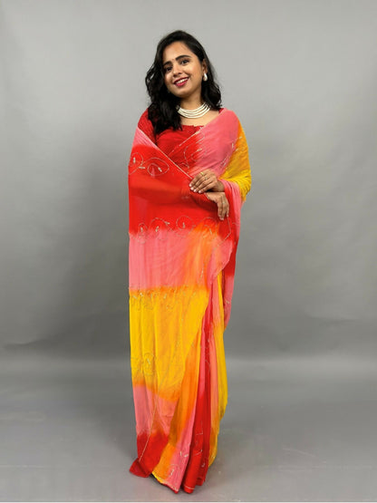 Rani Tri Color Chiffon Saree