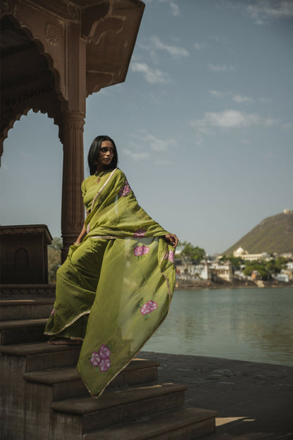 Leela Olive Green Organza Handpainted Saree