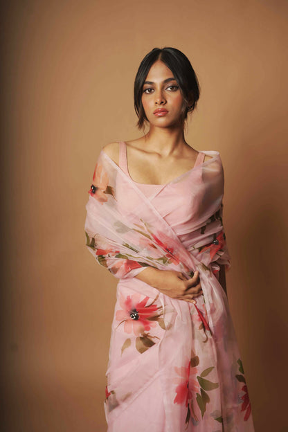 Crimson Bloom | Blush Pink Floral Handpainted Organza Saree