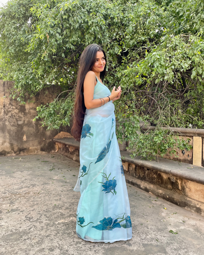 topaz teal 'aarzoo' hand-painted saree (1)