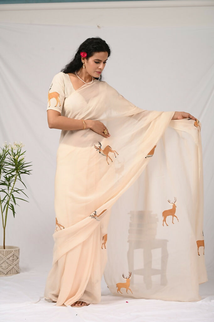 Beige Organza Reindeer Saree