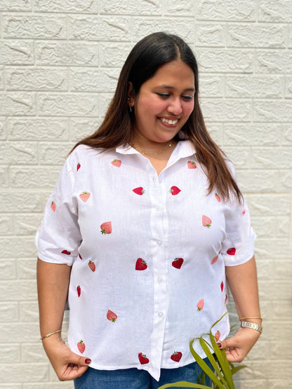 Strawberry Embroidered Cotton Shirt