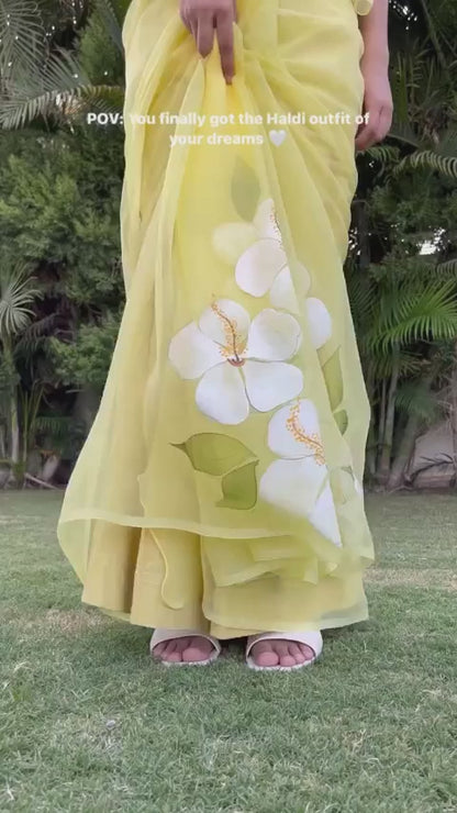 Hibiscus Chiffon Saree In Yellow Base