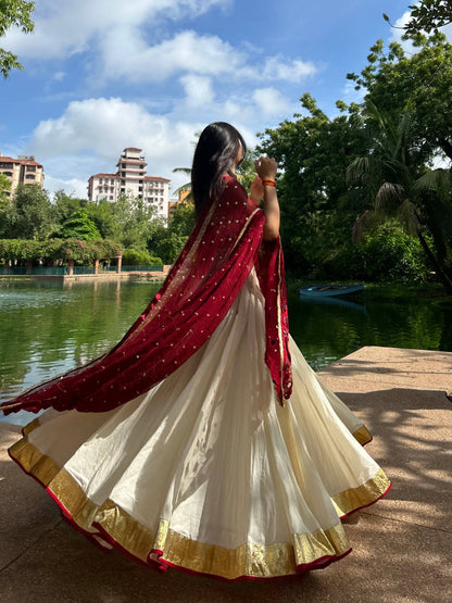 Maroon White Chiffon Cotton Lehenga