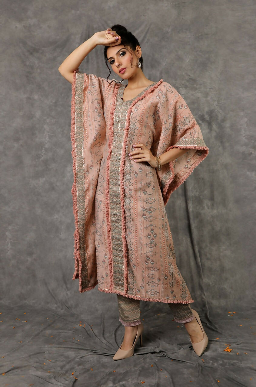 Green/Peach Kaftan Set With Embroidered Pants