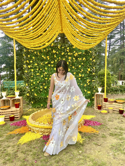 Daisy Organza Handpainted White Saree