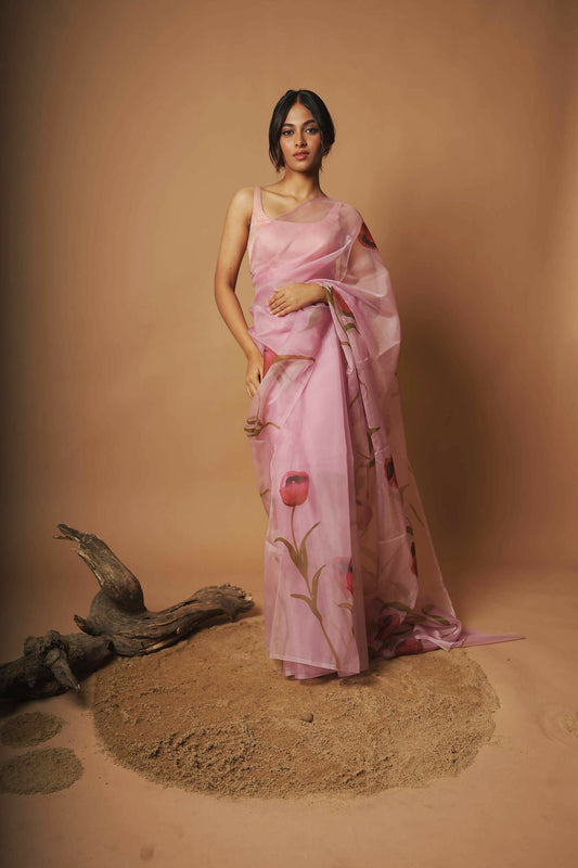 Rose Blush | Lavender Floral Handpainted Organza Saree