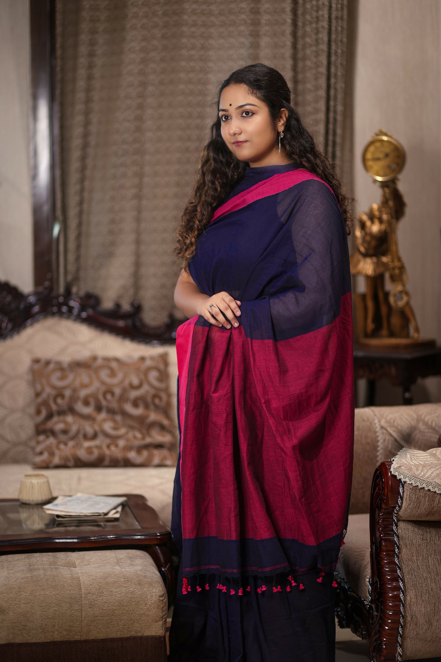 Navy & Pink Handwoven Mulmul Cotton Saree