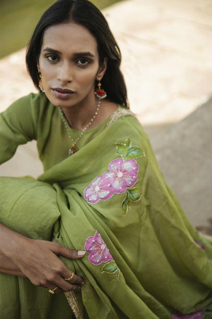 Leela Olive Green Organza Handpainted Saree