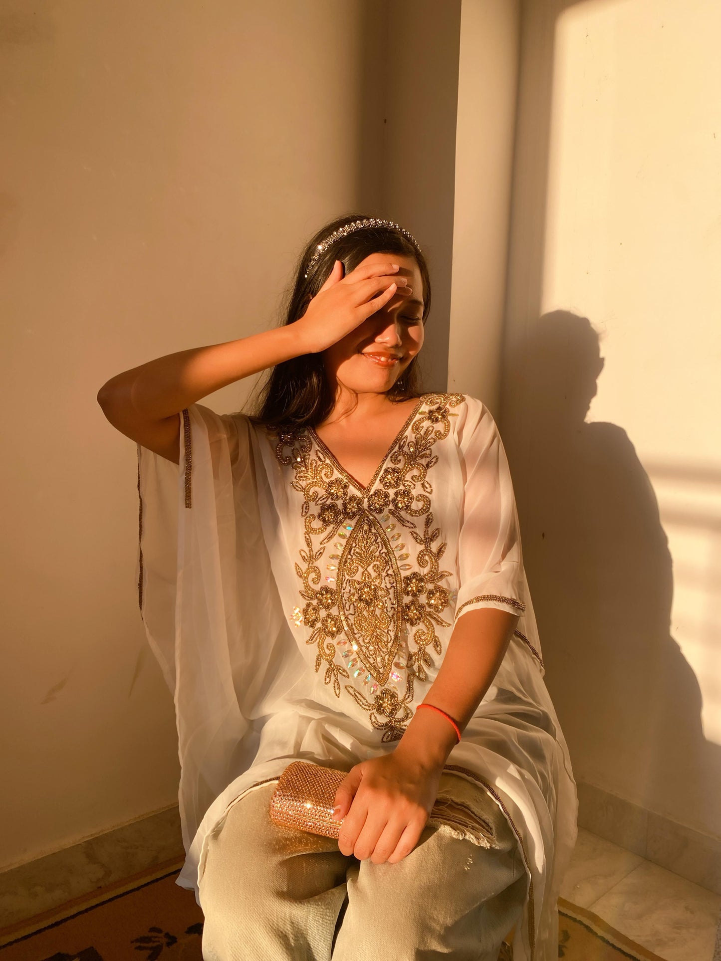 Mahnoor Short Kaftan with Golden Embroidery