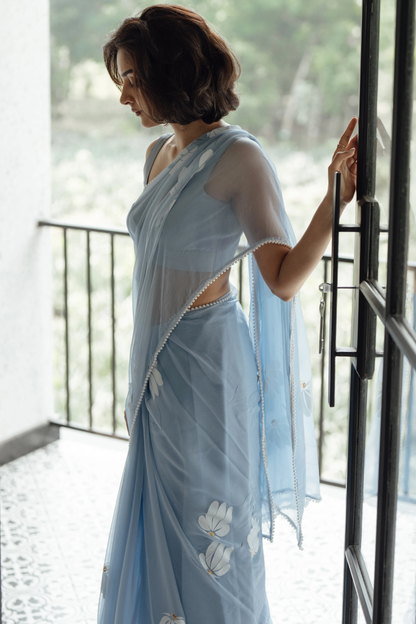 Ash Blue Half-Daisies Chiffon Saree