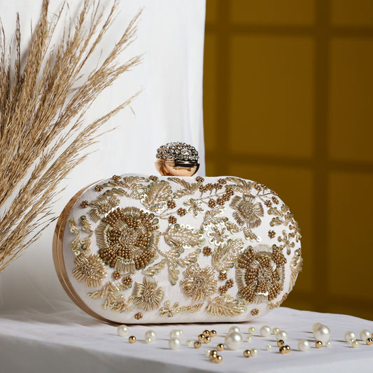 Dazzling White Dabka Oval Clutch: Classic Elegance