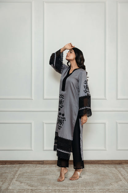 Mokshita Grey Handpainted Kurta Set