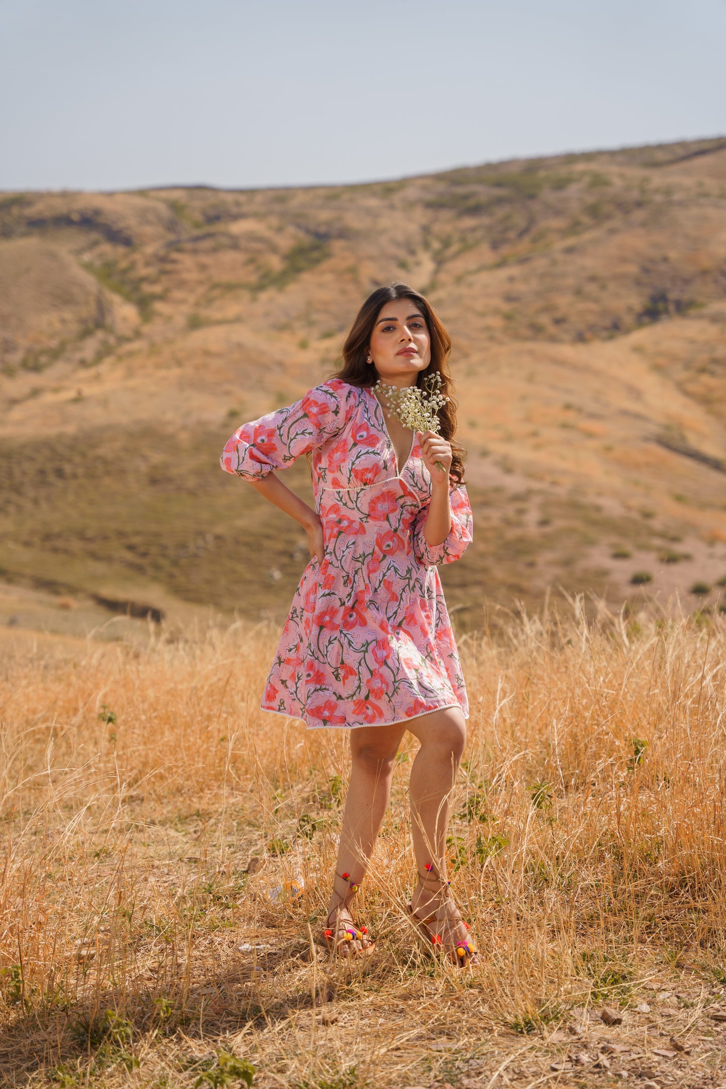 Sharleez Pink Cotton Block Print Short Midi Dress