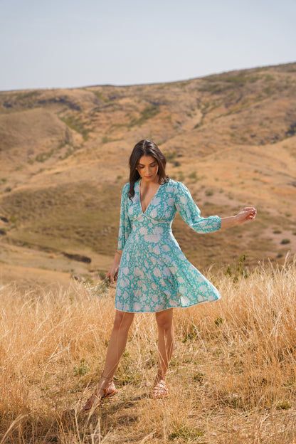 Sharleez Turquoise Cotton Block Print Midi Dress