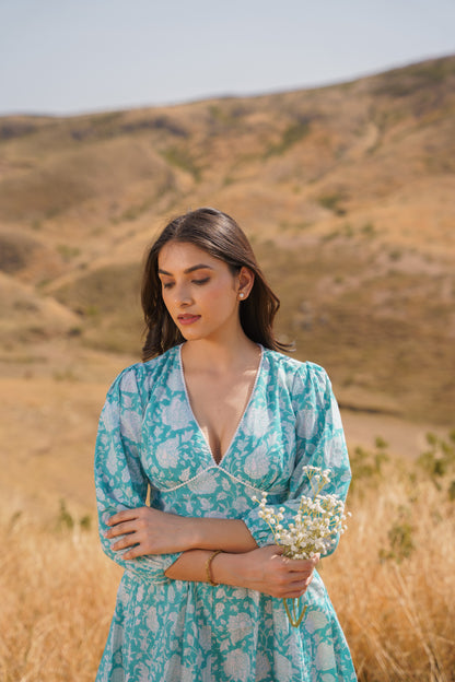 Sharleez Turquoise Cotton Block Print Midi Dress
