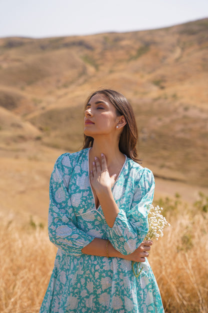 Sharleez Turquoise Cotton Block Print Midi Dress