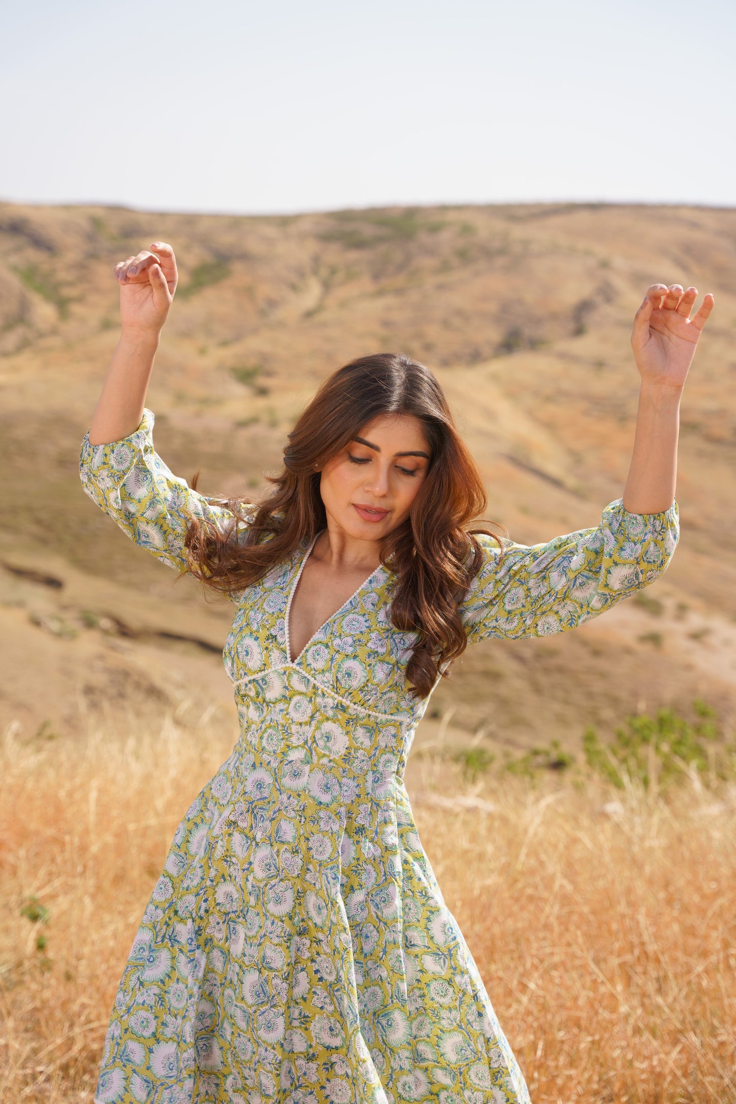 Sharleez Yellow Cotton Block Print Midi Dress