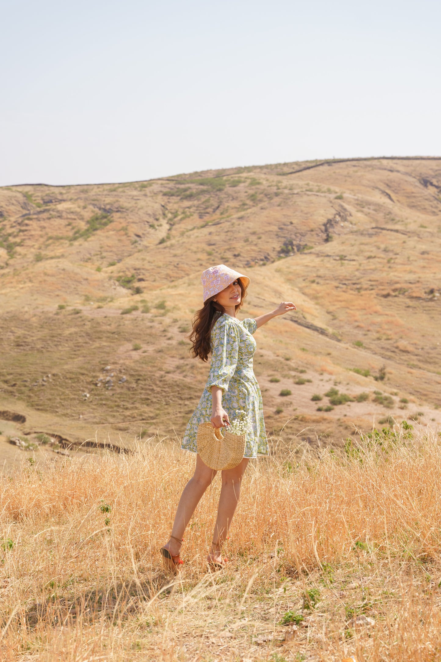 Sharleez Yellow Cotton Block Print Midi Dress