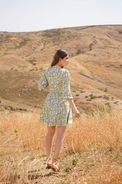 Sharleez Yellow Cotton Block Print Midi Dress
