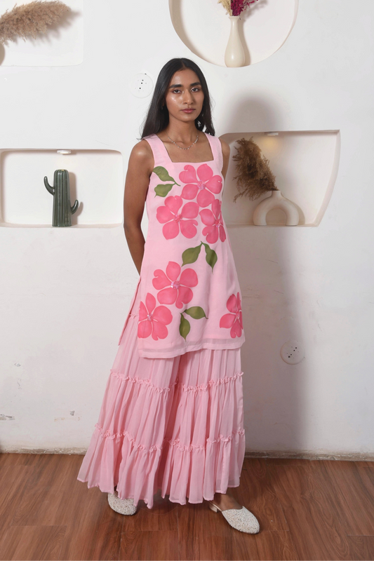 Handpainted Flora Georgette Sharara Set in Pink