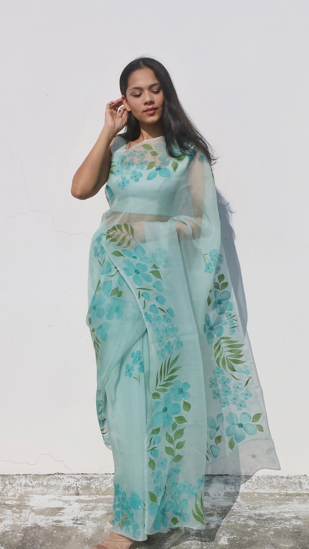 Aurora Organza Hand Painted Teal Blue Saree