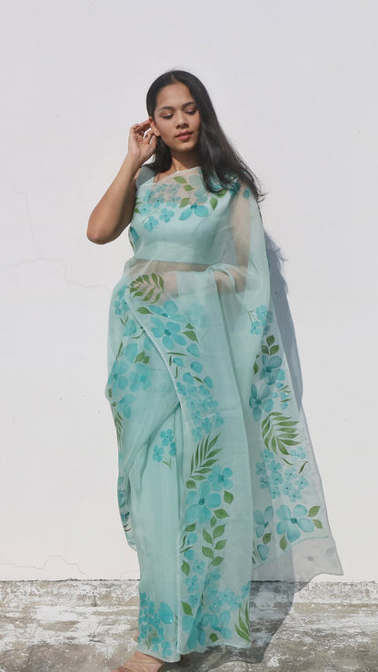 Aurora Organza Hand Painted Teal Blue Saree