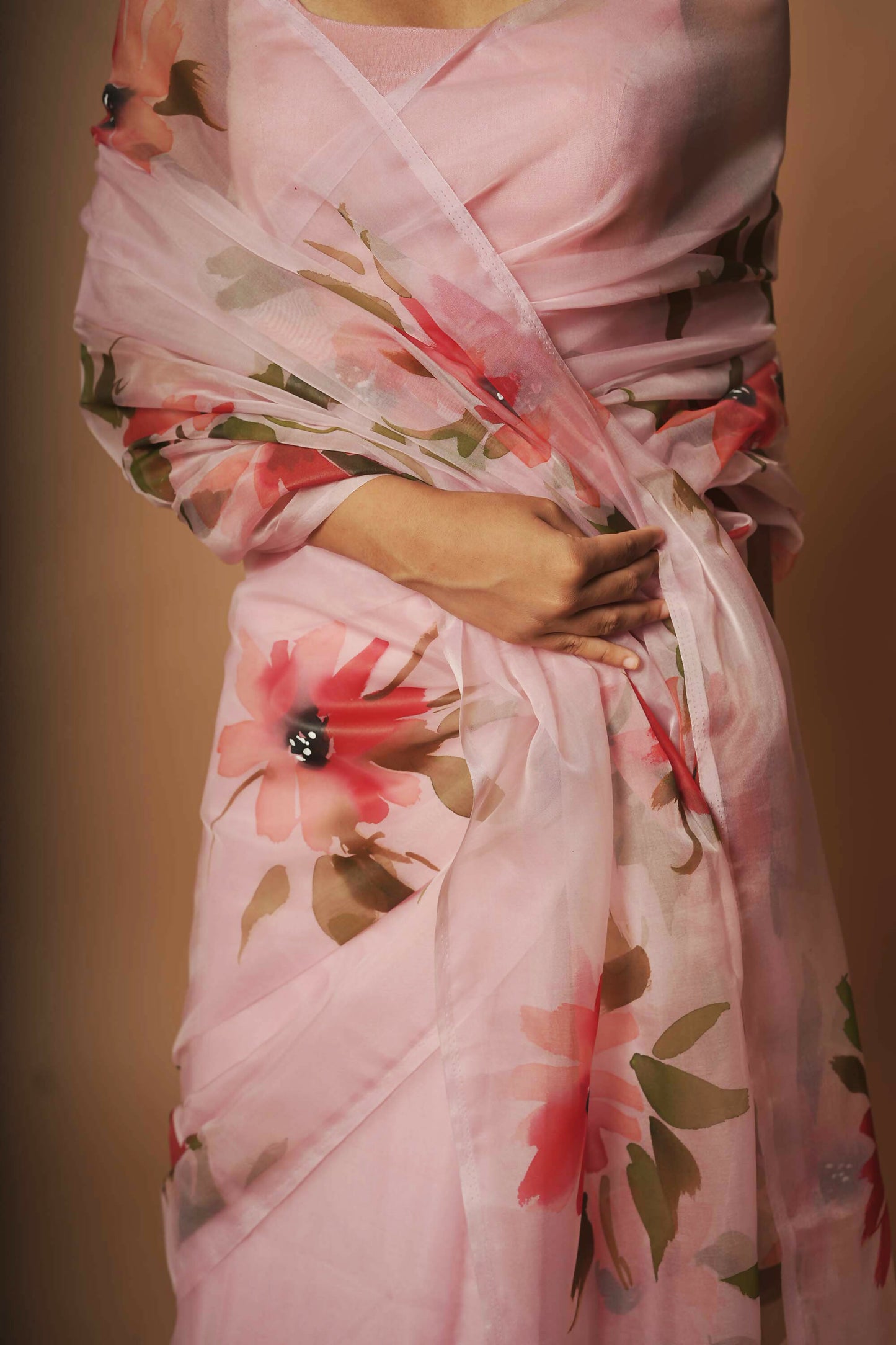 Crimson Bloom | Blush Pink Floral Handpainted Organza Saree