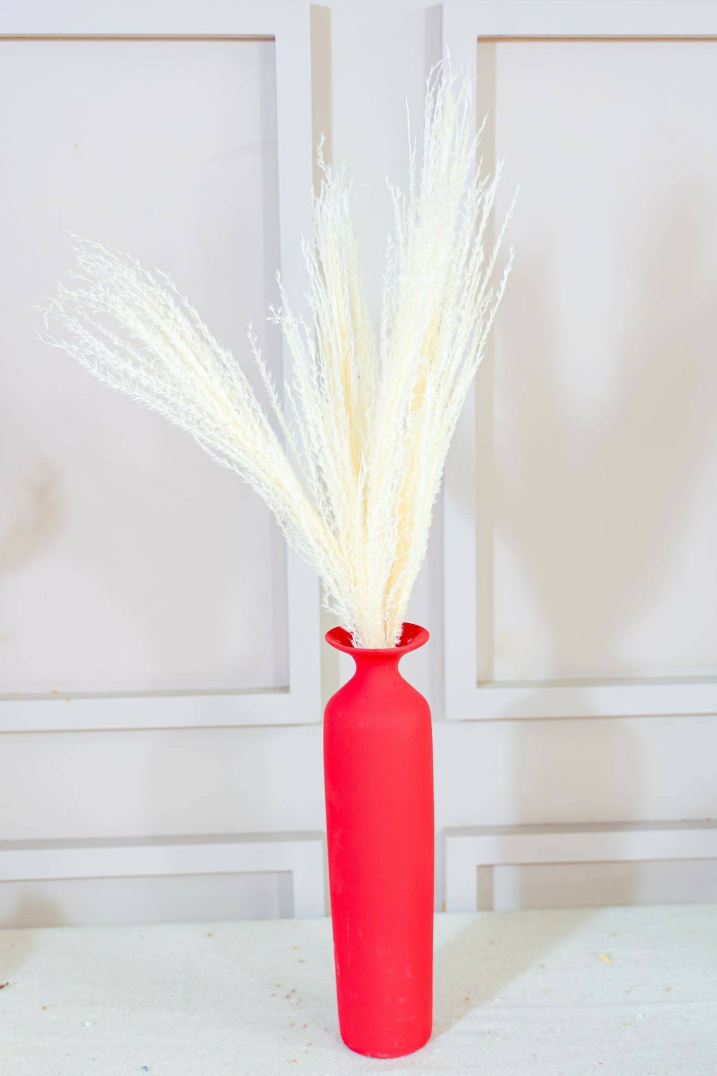 Red Long Vase With White Reed Pampas