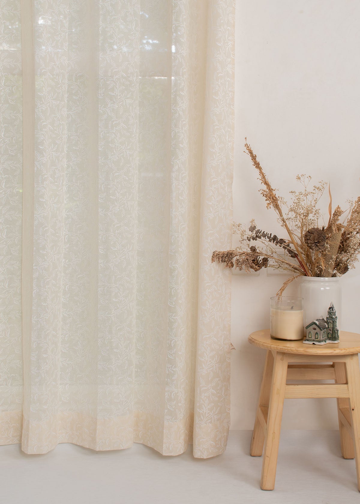 Light Filtering - Trailing Berries Cream Cotton Sheer Curtain