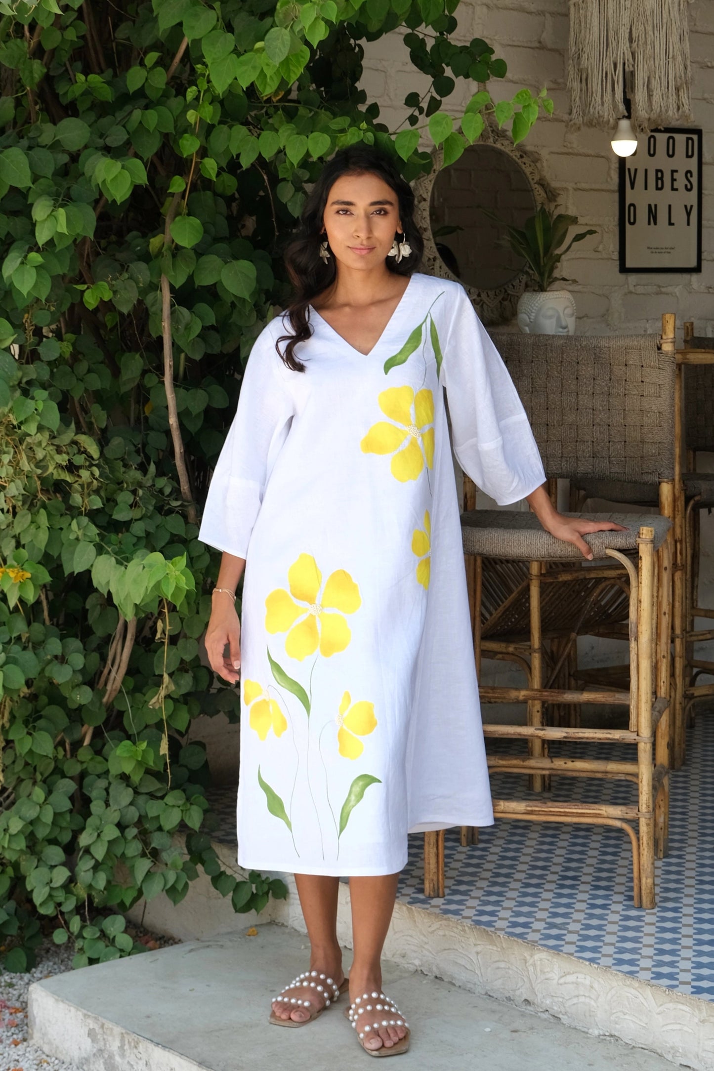 Blossom Hand-painted Linen Midi Dress