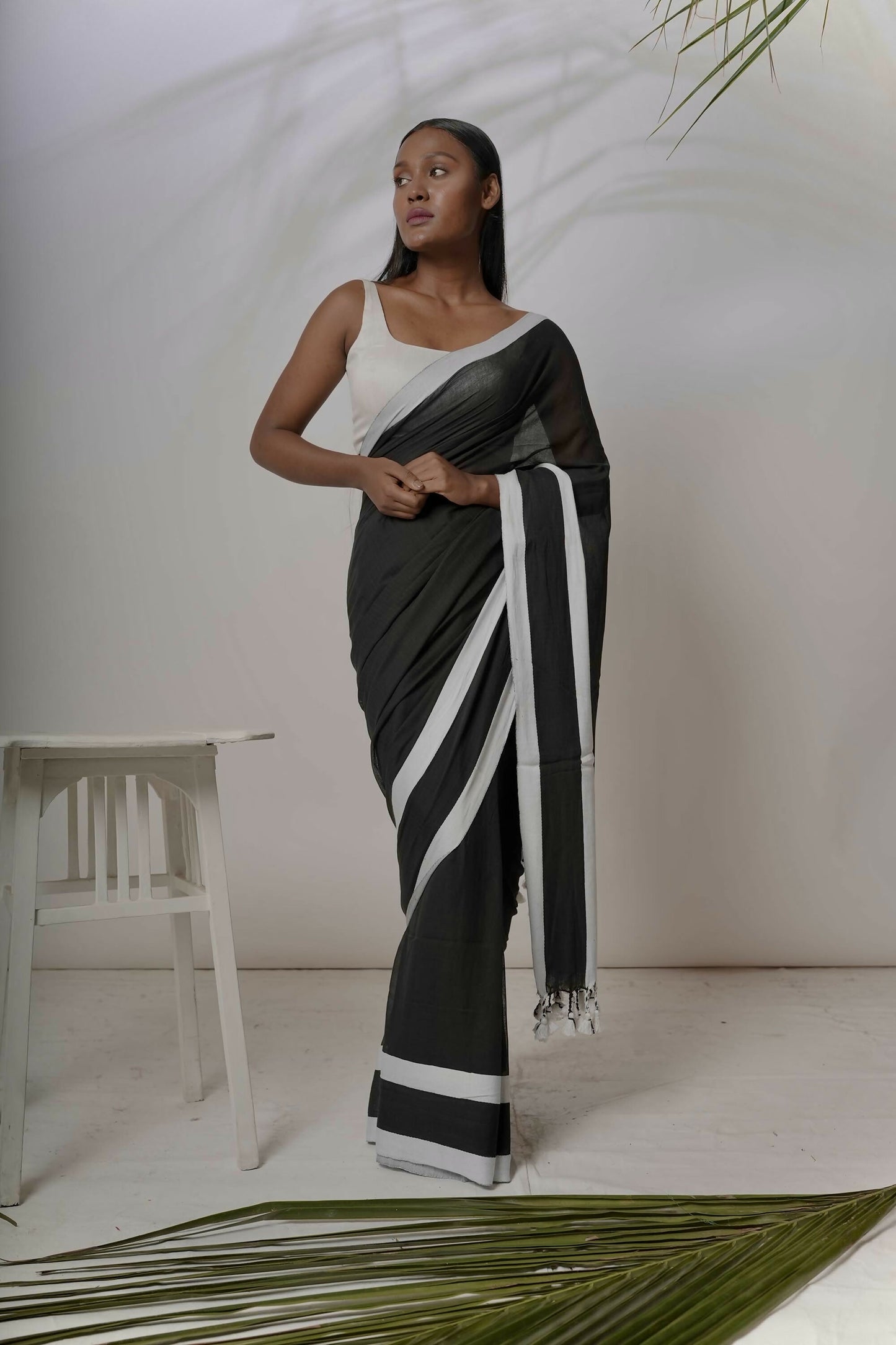 White & Black Cotton Handloom Saree With Black Border