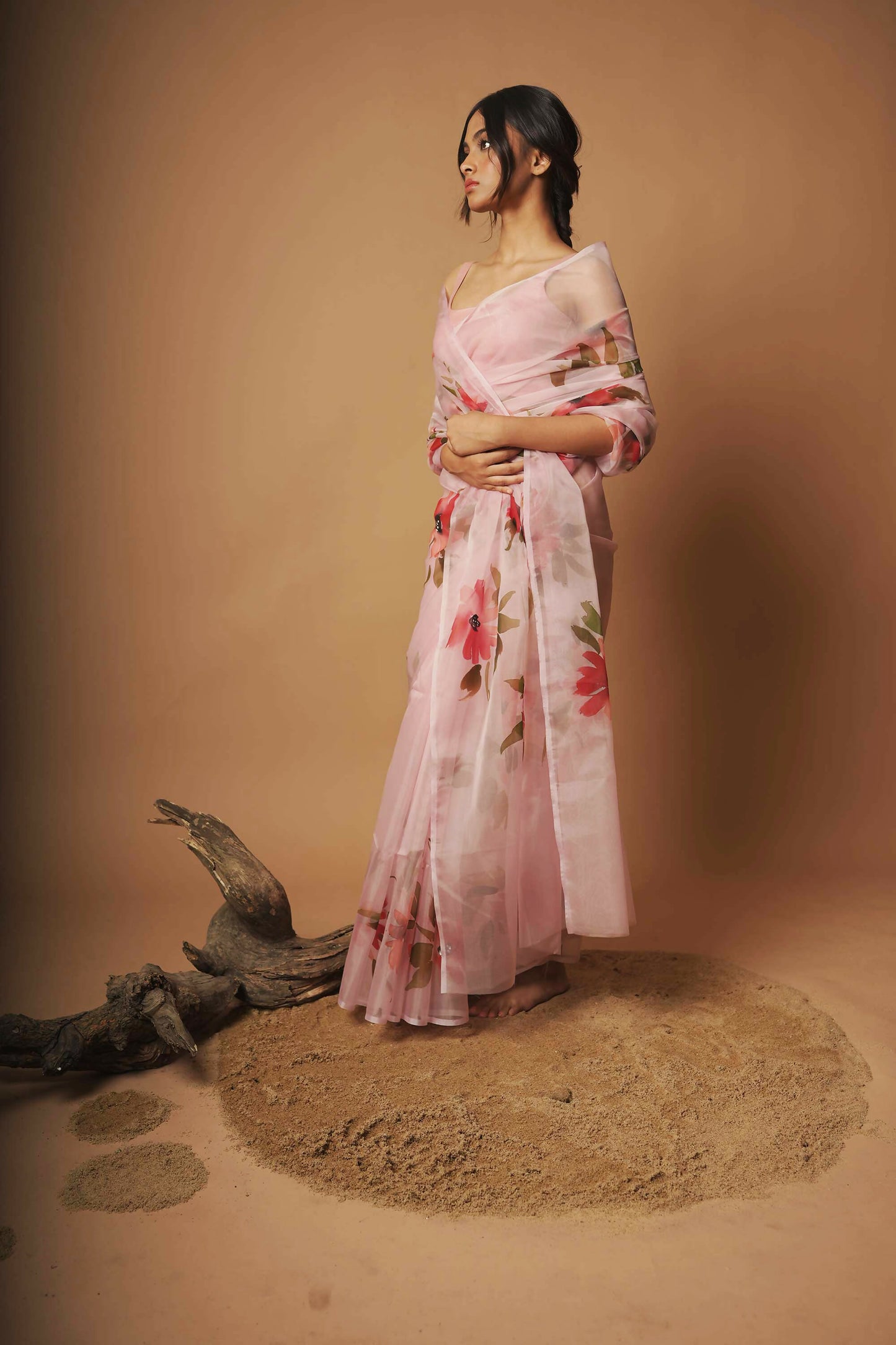 Crimson Bloom | Blush Pink Floral Handpainted Organza Saree