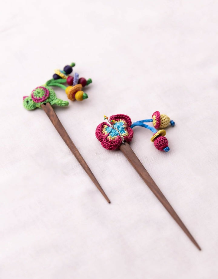 Multicoloured Bird Butterfly Hair Stick (Pair) ~ Green