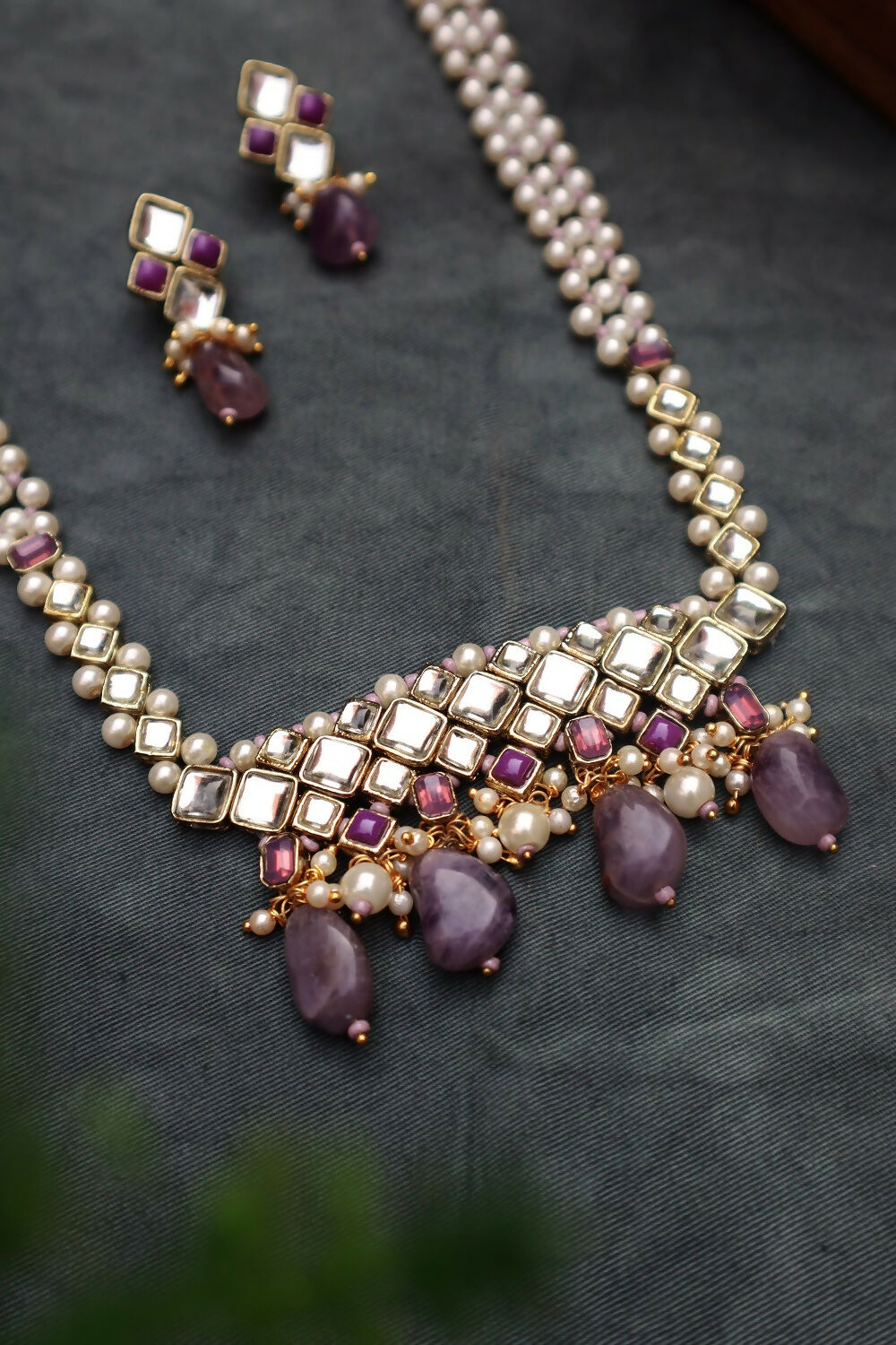 Rose Quartz Kundan and Pearl Long Necklace Set