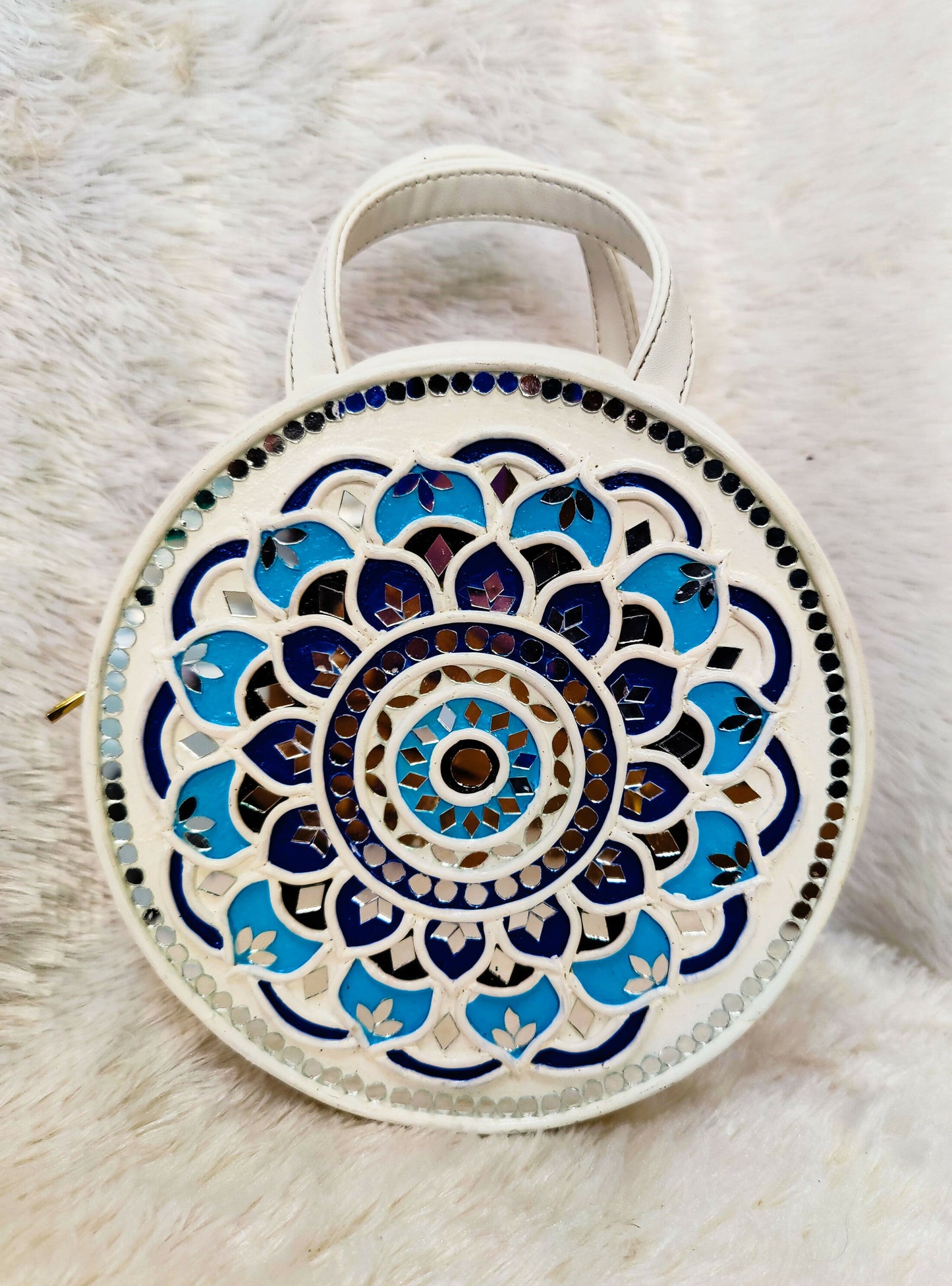 Mandala Lippan Art Blue Handcrafted Circle Box Bag with Zipper